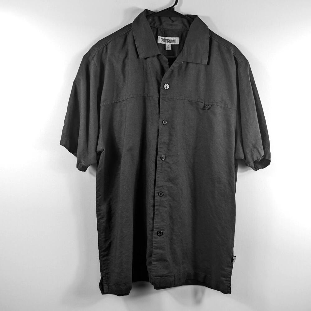 Stacy Adams Mens XL Short Sleeve Button Down Shirt Linen Blend Camp Collar Black